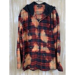 Urban Outfitters Men's Size L Bleached-Out Orange Plaid Flannel Hooded Shacket